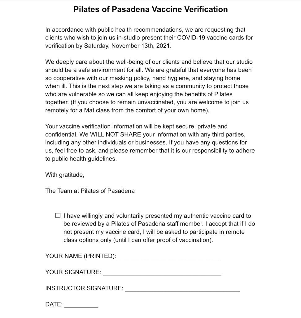 Form Letter: Pilates of Pasadena